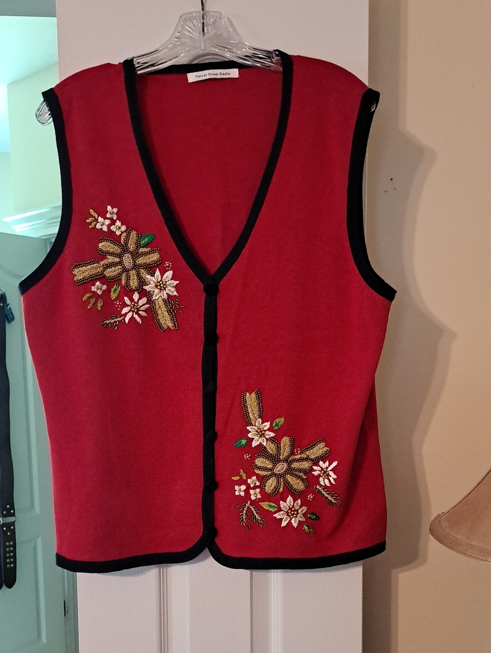 Red Floral Embroidered Button-Front Sweater Vest